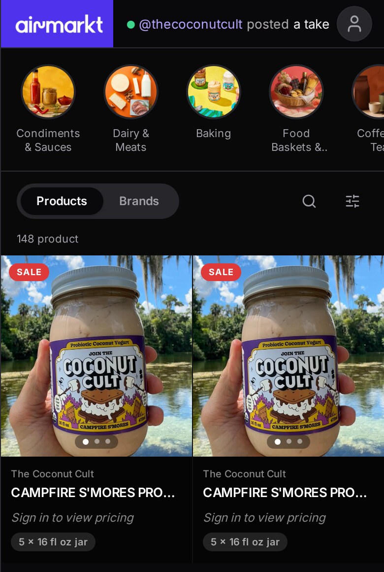 Airmarkt shop with editorial categories and a live product